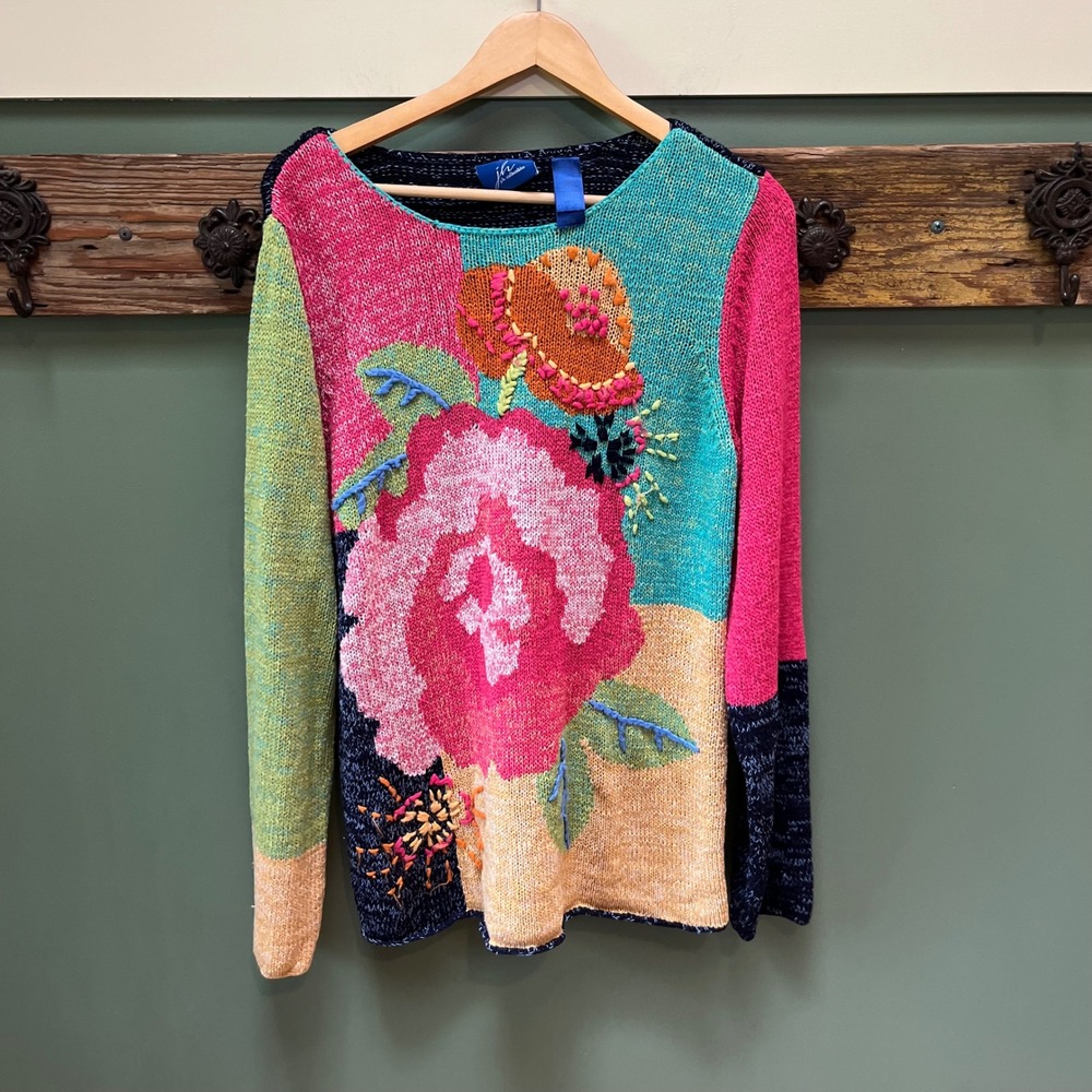 JH Collectibles Womens XL Floral Colorblock Intarsia Embroidered Knit Sweater